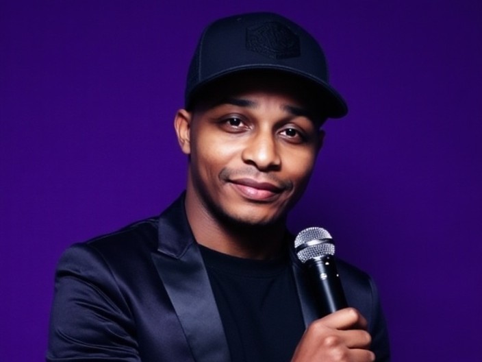 Kevin Hoard, DJ K-TOUCH, holding a microphone in a black blazer and cap