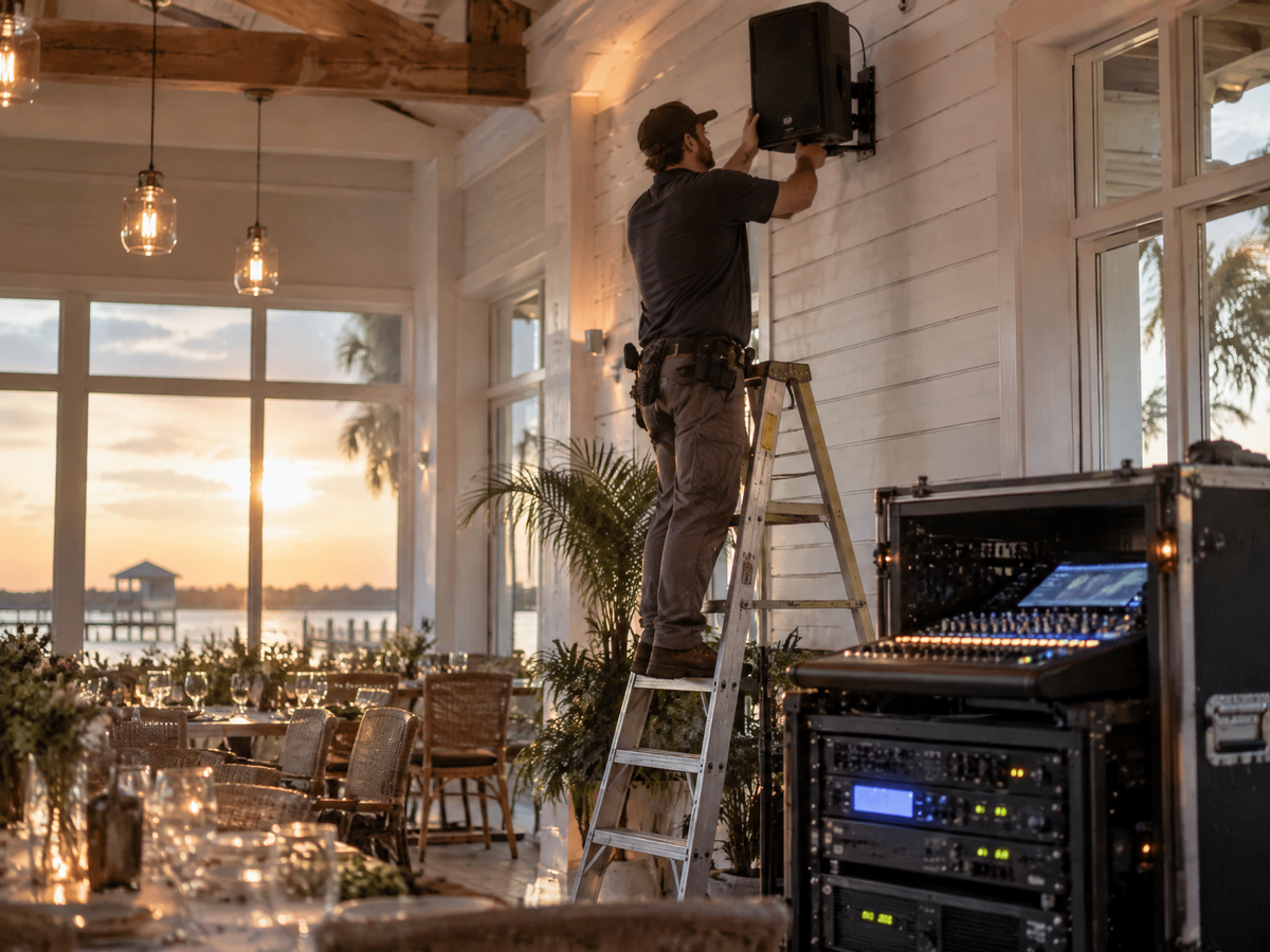Audio technician mounting a wall speaker in a coastal restaurant venue beside a sound mixing rack