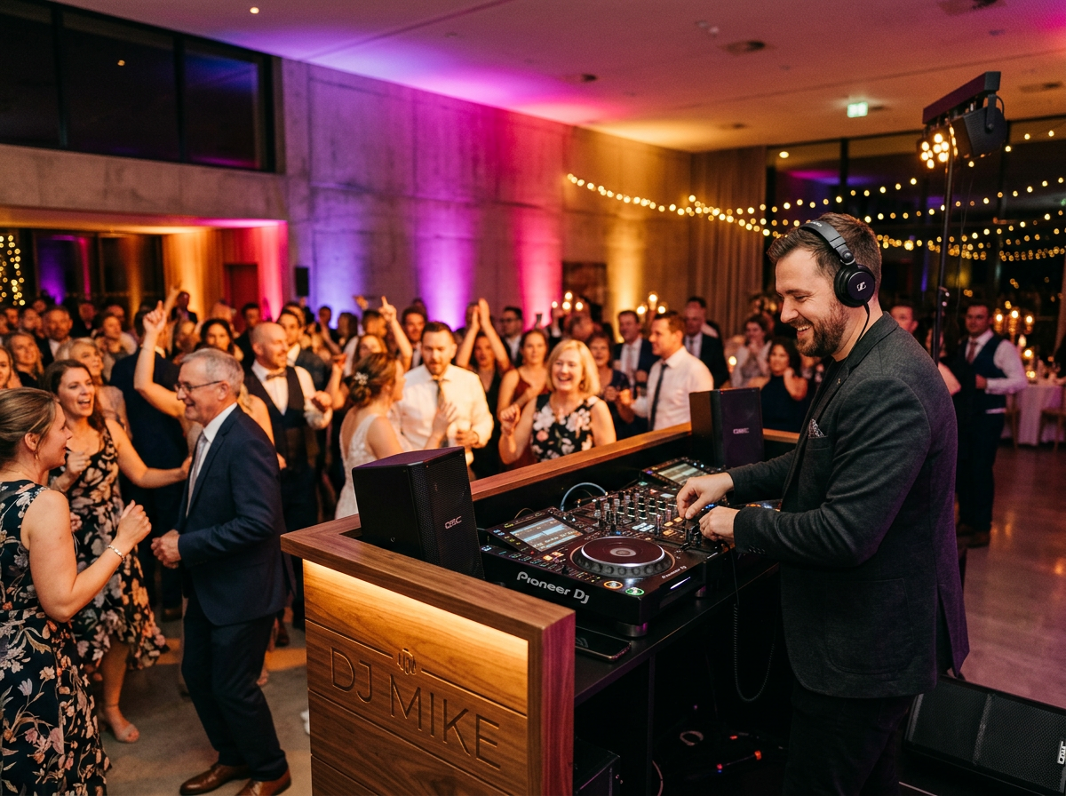 Professional DJ performing at a lively wedding reception with colorful stage lighting and guests dancing