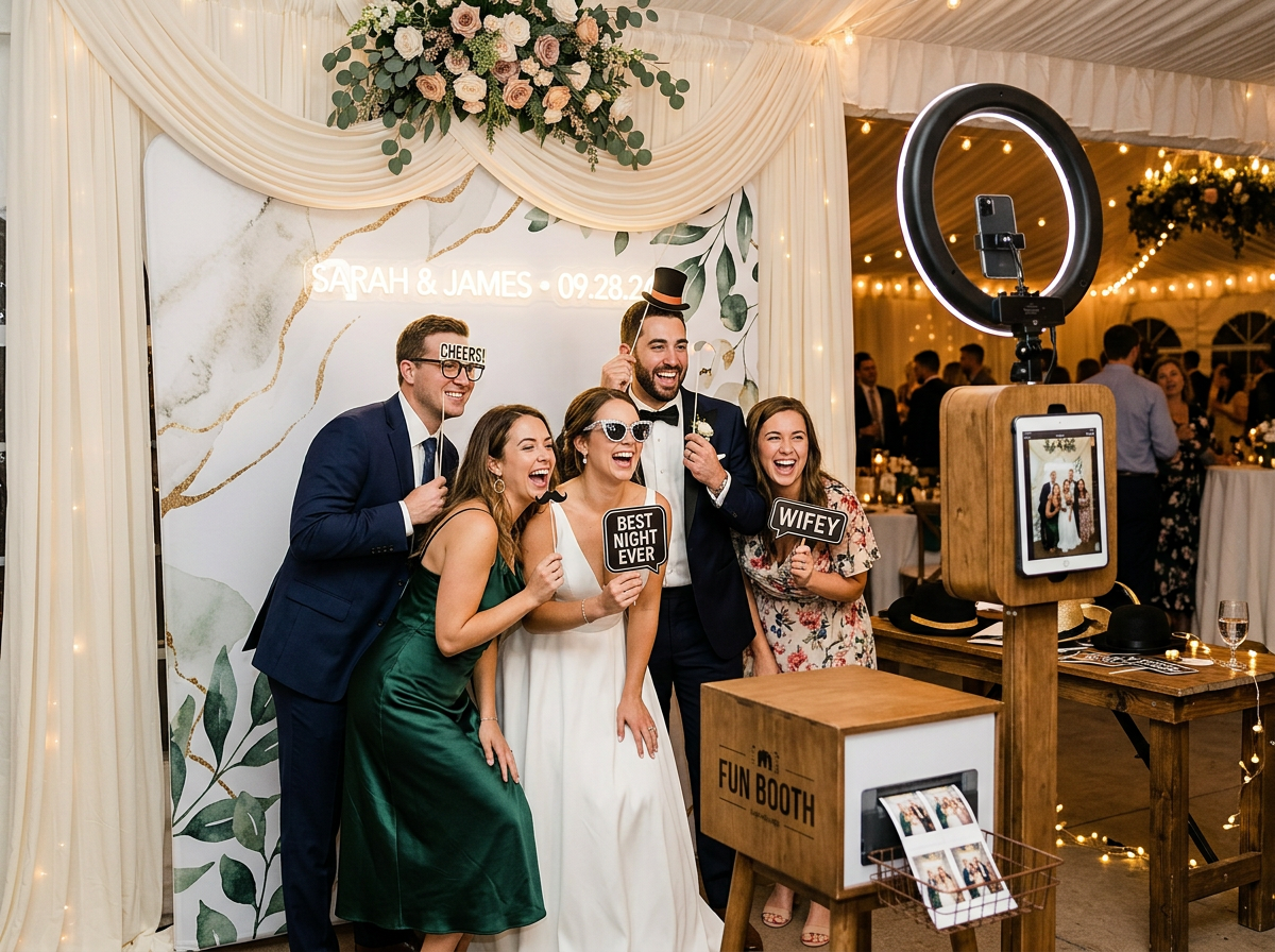 Guests laughing and posing with props at an open-air event photo booth with prints coming out