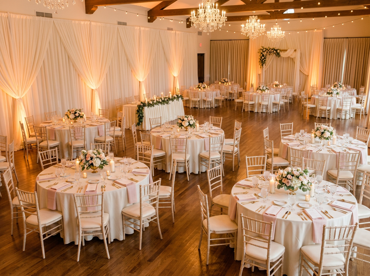 Elegantly set wedding reception with linens, centerpieces and ambient lighting showcasing event rentals
